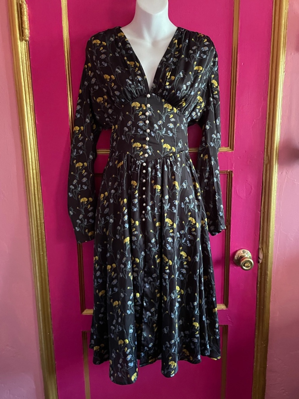 Topshop Studio Black Long Sleeve Midi Dress with yellow and blue flowers XS